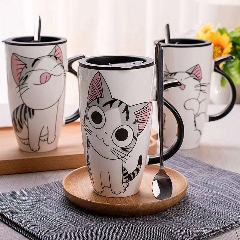 Drop shipping 600ml Creative Cat Ceramic Mug With Lid and Spoon Cartoon Milk Coffee Tea Cup Porcelain Mugs Nice Gifts