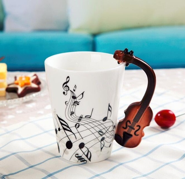 Creative Music Violin Style Guitar Ceramic Mug Coffee Tea Milk Stave Cups with Handle Coffee Mug Novelty Gifts