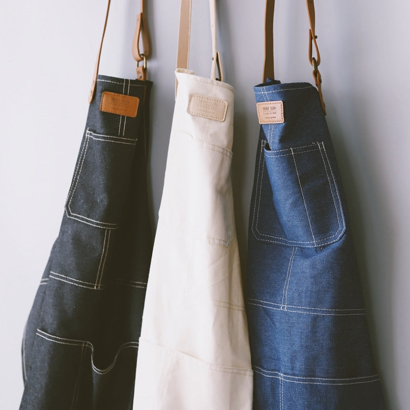 Fashion Nordic style whole Cotton unisex Leather denim apron Coffee shops work cleaning aprons for woman kitchen Baking daidle